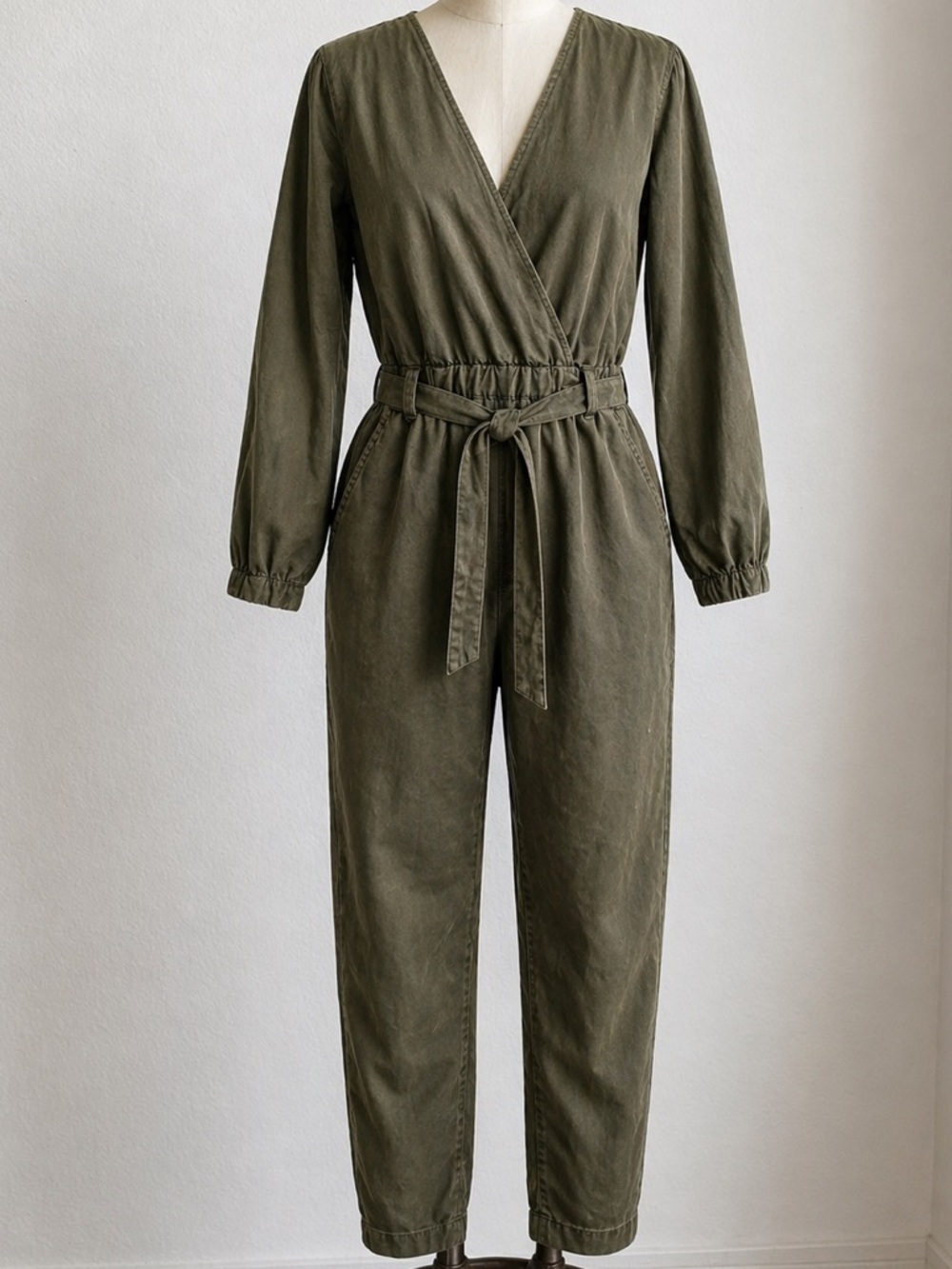 Olive Green Long Sleeve Wrap Jumpsuit